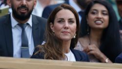 Britain's Catherine, Duchess of Cambridge sits in the royal box before Tunisia's Ons Jabeur and Spain's Garbine Muguruza play their women's singles third round match on the fifth day of the 2021 Wimbledon Championships at The All England Tennis Club in Wimbledon, southwest London, on July 2, 2021. - RESTRICTED TO EDITORIAL USE (Photo by Adrian DENNIS / AFP) / RESTRICTED TO EDITORIAL USE (Photo by ADRIAN DENNIS/AFP via Getty Images)