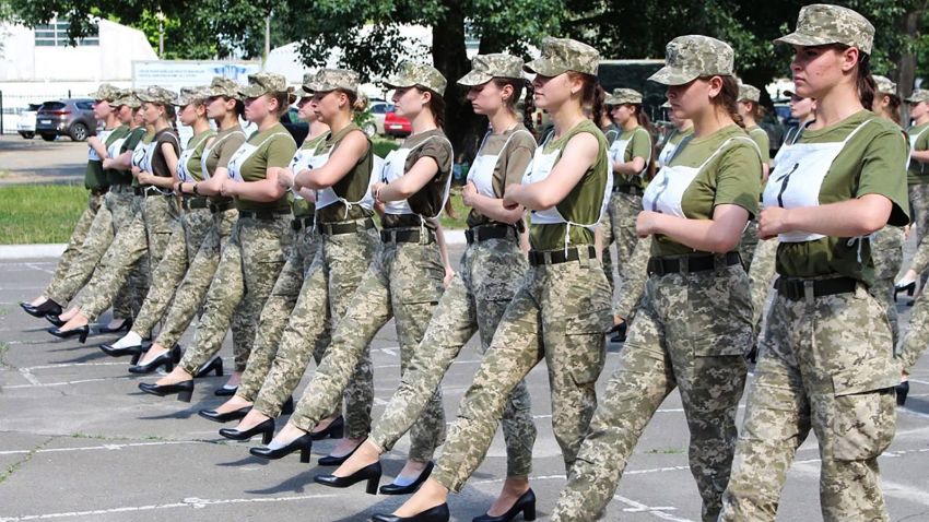 A handout photograph taken and released by the Ukrainian Defence ministry press-service on July 2, 2021 shows the Ukrainian female soldiers wearing heels while taking part in the the military parade rehearsal in Kiev.