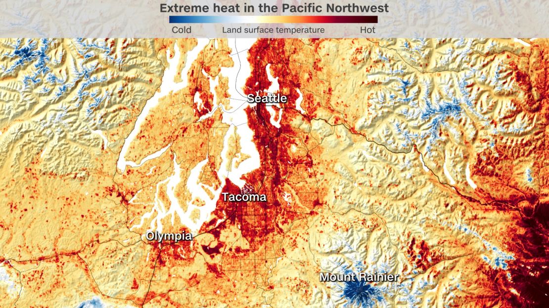 NASA imagery shows the land surface temperature across Washington state on June 25, 2021.