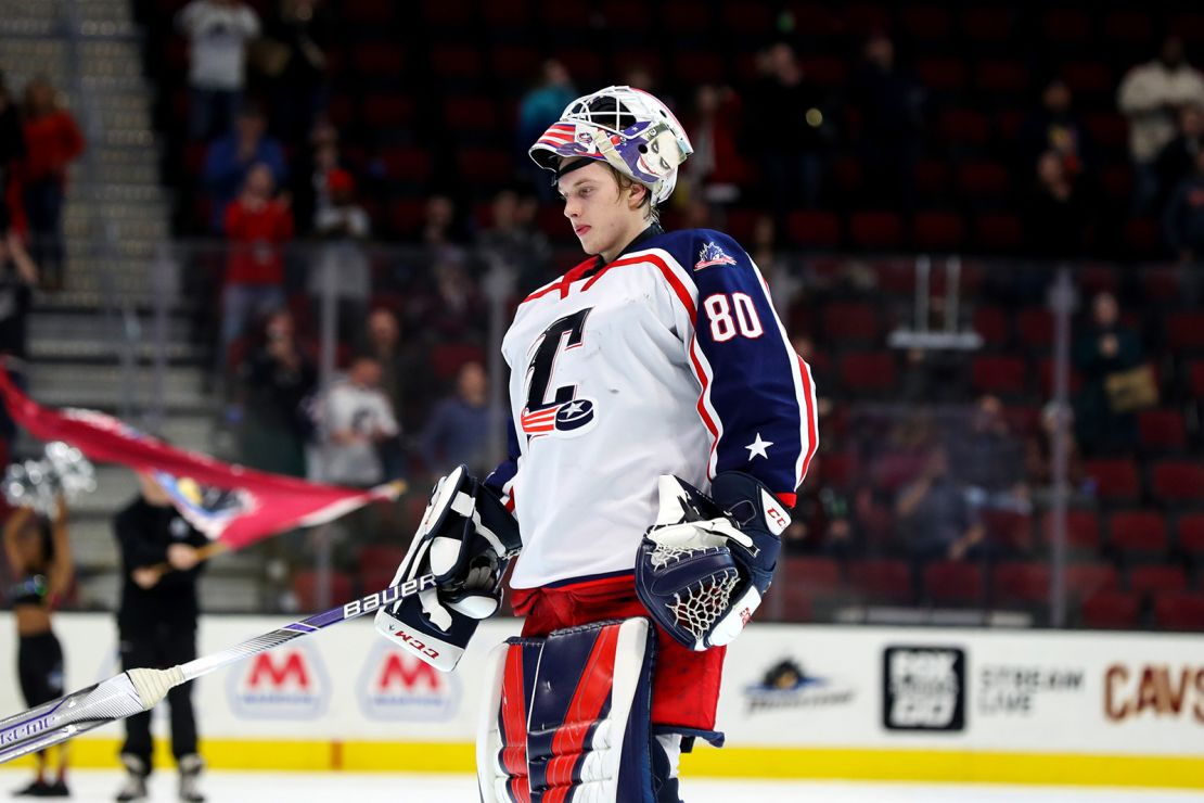 Kivlenieks on the ice following an American Hockey League game between the Wilkes-Barre/Scranton Penguins and Cleveland Monsters on December 13, 2019.