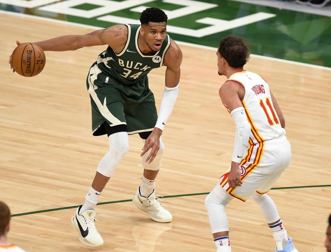 Antetokounmpo sets up a play against Trae Young of the Atlanta Hawks during Game 1 of the Eastern Conference Finals.