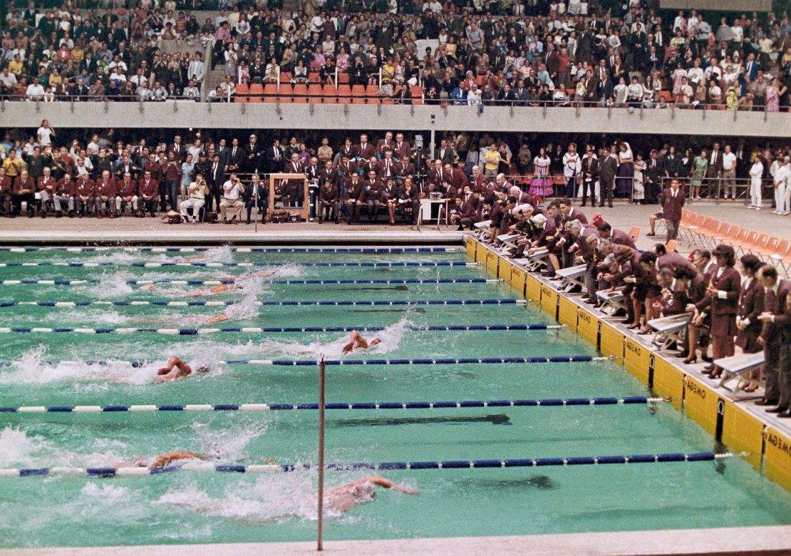 Australia's Michael Wenden swims to victory in the 100m freestyle at the 1968 Olympics in Mexico City. Spitz, in lane seven, finished third. 