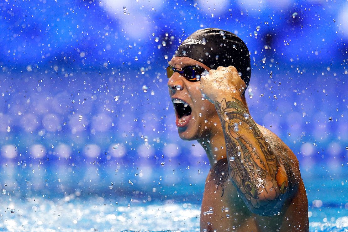Dressel celebrates during the men's 100m freestyle final at the US Olympic trials in Omaha, Nebraska, last month.