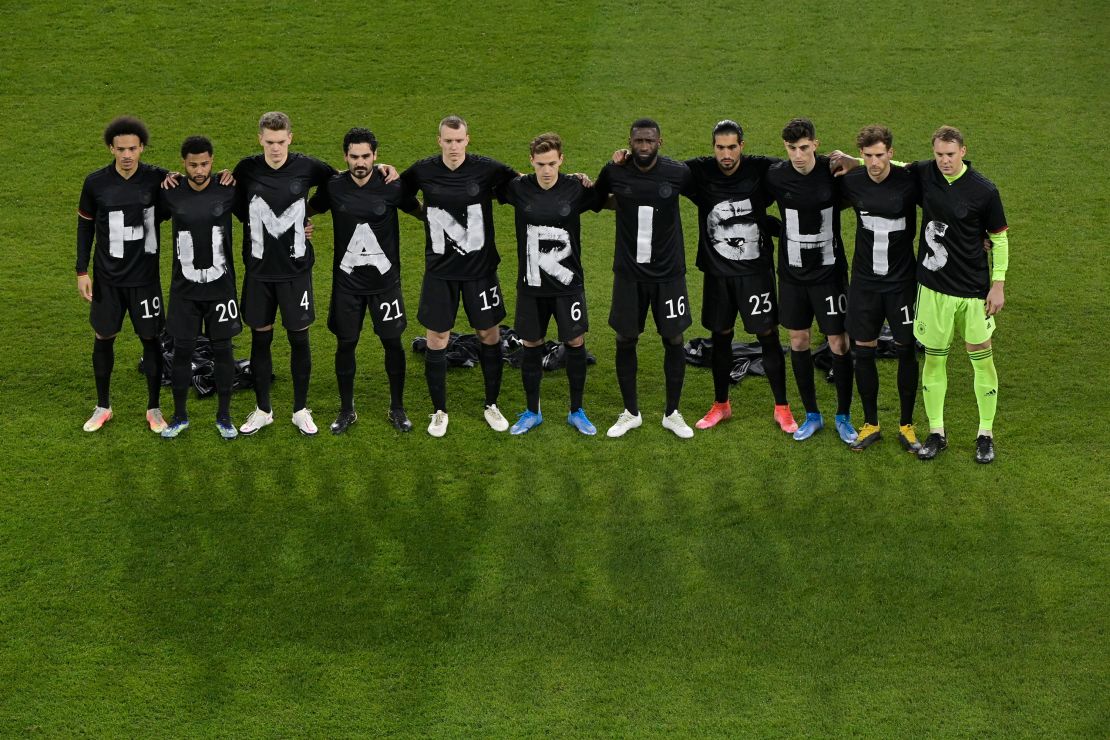 Will there be protests by footballers during the 2022 World Cup? Players of Germany are pictured wearing t-shirts which spell out "Human Rights" prior to the FIFA World Cup 2022 Qatar qualifying match between Germany and Iceland on March 25, 2021 in Duisburg, Germany.