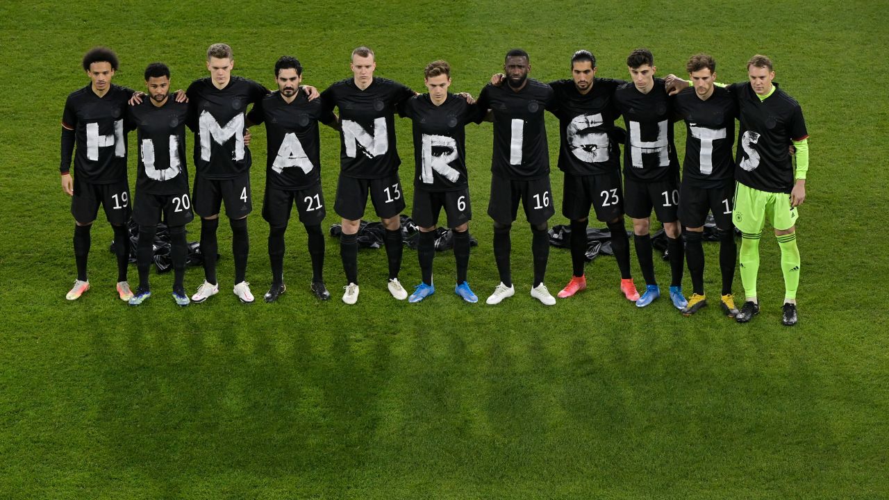 Will there be protests by footballers during the 2022 World Cup? Players of Germany are pictured wearing t-shirts which spell out "Human Rights" prior to the FIFA World Cup 2022 Qatar qualifying match between Germany and Iceland on March 25, 2021 in Duisburg, Germany.