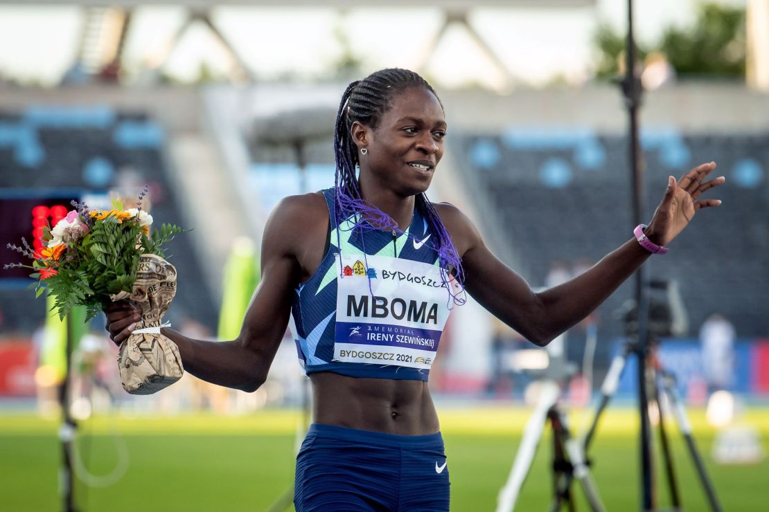 Christine Mboma of Namibia reacts after setting a new World record in a women's 400m race in Bydgoszcz, Poland last month.