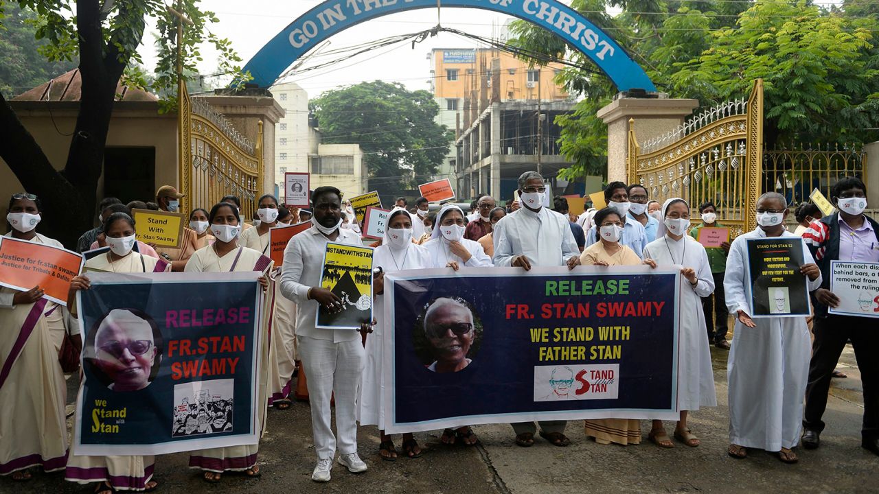 Catholic priests and nuns protest against the arrest of Stan Swamy in the eastern Indian state of Jharkhand on October 21, 2020.