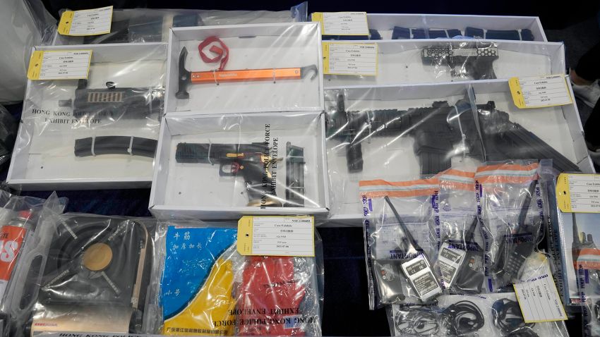 Confiscated evidence is displayed during a news conference as nine people were arrested over the alleged plot to plant bombs around Hong Kong, at the police headquarters in Hong Kong, Tuesday, July 6, 2021.(AP Photo/Kin Cheung)
