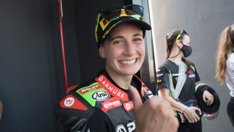 Ana Carrasco celebrates victory in Misano, Italy, on June 13.