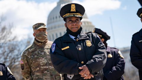 Then-Acting Capitol Police Chief Yogananda Pittman attends a press briefing about the security incident at the U.S. Capitol on April 2, 2021 in Washington, DC. 