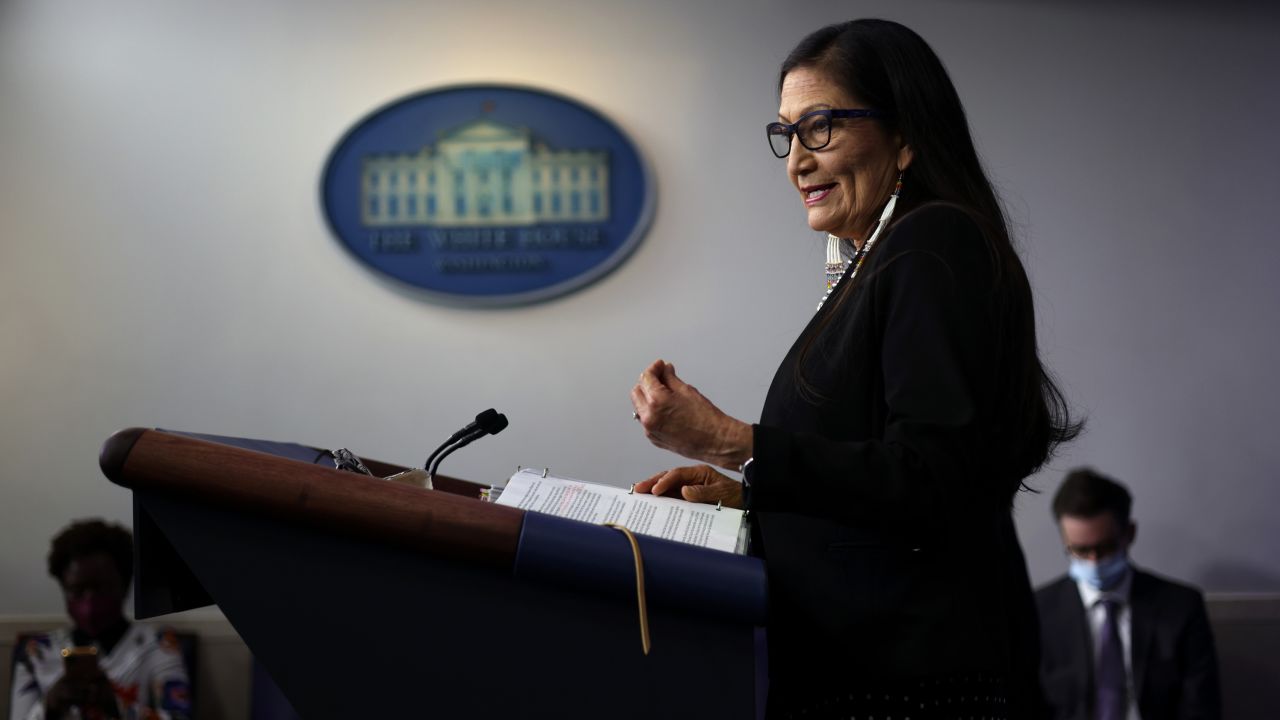 US Secretary of the Interior Deb Haaland speaks during a daily press briefing at the White House in April. Haaland's office told CNN it is "reviewing the options available" for renaming sites with offensive names.
