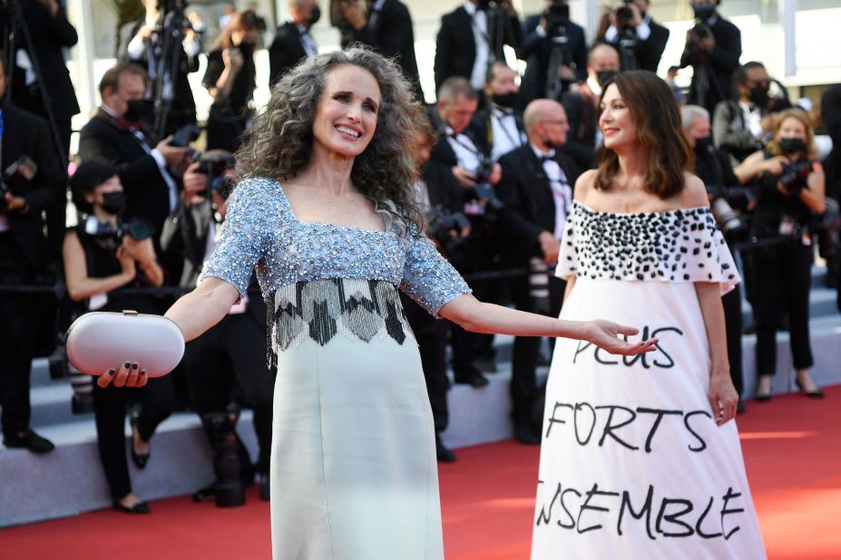 Andie MacDowell wore a Prada column dress embellished with silver sequins.