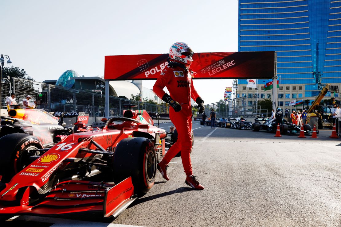 Leclerc and Ferrari celebrates in Parc Ferme during qualifying ahead of the Azerbaijan Grand Prix  on June 05, 2021 in Baku, Azerbaijan.
