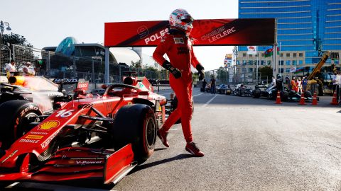 Leclerc and Ferrari celebrates in Parc Ferme during qualifying ahead of the Azerbaijan Grand Prix  on June 05, 2021 in Baku, Azerbaijan.