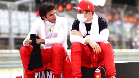 Carlos Sainz and Leclerc  talk on the grid ahead of the Styrian Grand Prix at Red Bull Ring on June 27, 2021 in Spielberg, Austria.