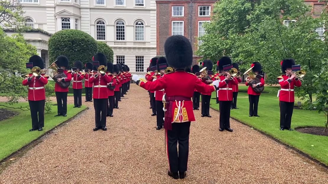 The band of the Coldstream Guards played "Three Lions" and "Sweet Caroline" at Clarence House at Prince Charles' request.