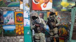 Soldiers patrol in Petion Ville, the neighborhood where the late Haitian President Jovenel Moise lived in Port-au-Prince, Haiti, Wednesday, July 7, 2021. Moïse was assassinated in an attack on his private residence early Wednesday, and First Lady Martine Moïse was shot in the overnight attack and hospitalized, according to a statement from the country's interim prime minister. (AP Photo/Joseph Odelyn)