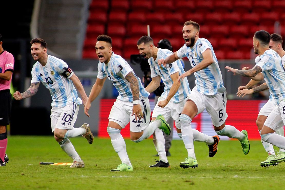 Argentina's players celebrate after the penalty shootout.