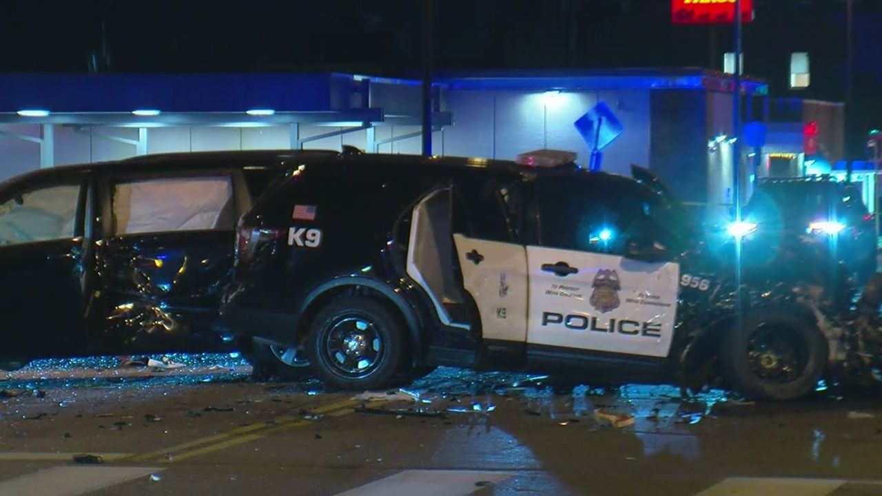 The scene of the crash involving a police vehicle in Minneapolis on Tuesday.