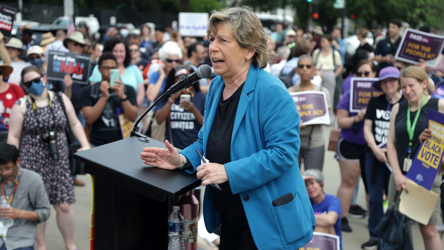 Randi Weingarten, president of the American Federation of Teachers, speaks during a rally in front of the US Supreme Court last month.