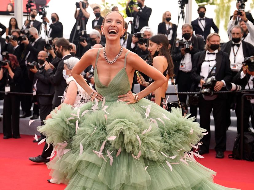 German influencer Leonie Hanne wore a Nicole + Felicia Couture tulle frock in sage green.