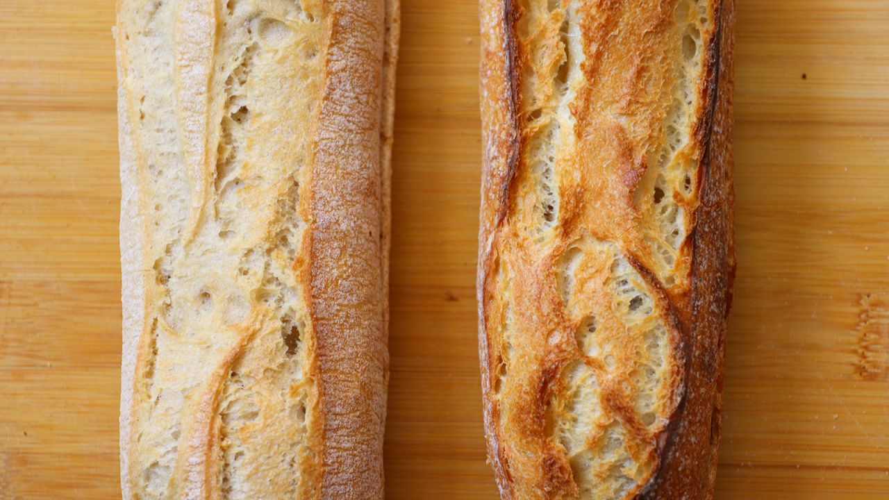 The best baguettes have a caramelized brown crust that croaks and crackles when squeezed, compared to the paler supermarket variety.