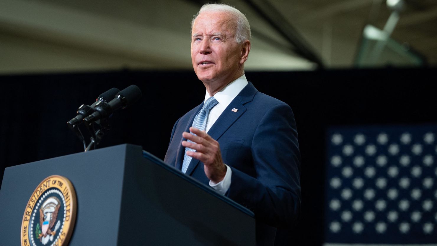 US President Joe Biden speaks about his Build Back Better economic plans after touring McHenry County College in Crystal Lake, Illinois, on Wednesday, July 7, 2021. 