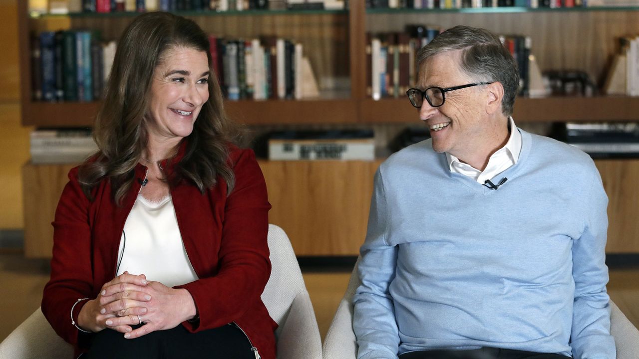 FILE - In this Feb. 1, 2019, file photo, Bill and Melinda Gates during an interview in Kirkland, Washington on Feb. 1, 2019.