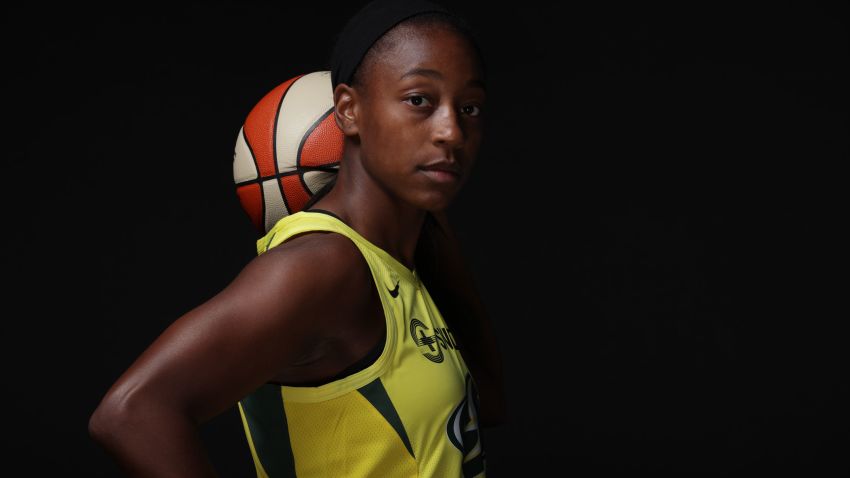BRADENTON - JULY 15:  Jewell Loyd #24 of the Seattle Storm poses for a portrait during Media Day on July 15, 2020 at IMG Academy in Bradenton, Florida. NOTE TO USER: User expressly acknowledges and agrees that, by downloading and/or using this Photograph, user is consenting to the terms and conditions of the Getty Images License Agreement. Mandatory Copyright Notice: Copyright 2020 NBAE (Photo by Ned Dishman/NBAE via Getty Images)