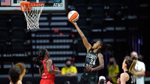 Jewell Loyd #24 of the Seattle Storm drives to the basket against the Las Vegas Aces on May 15, 2021.