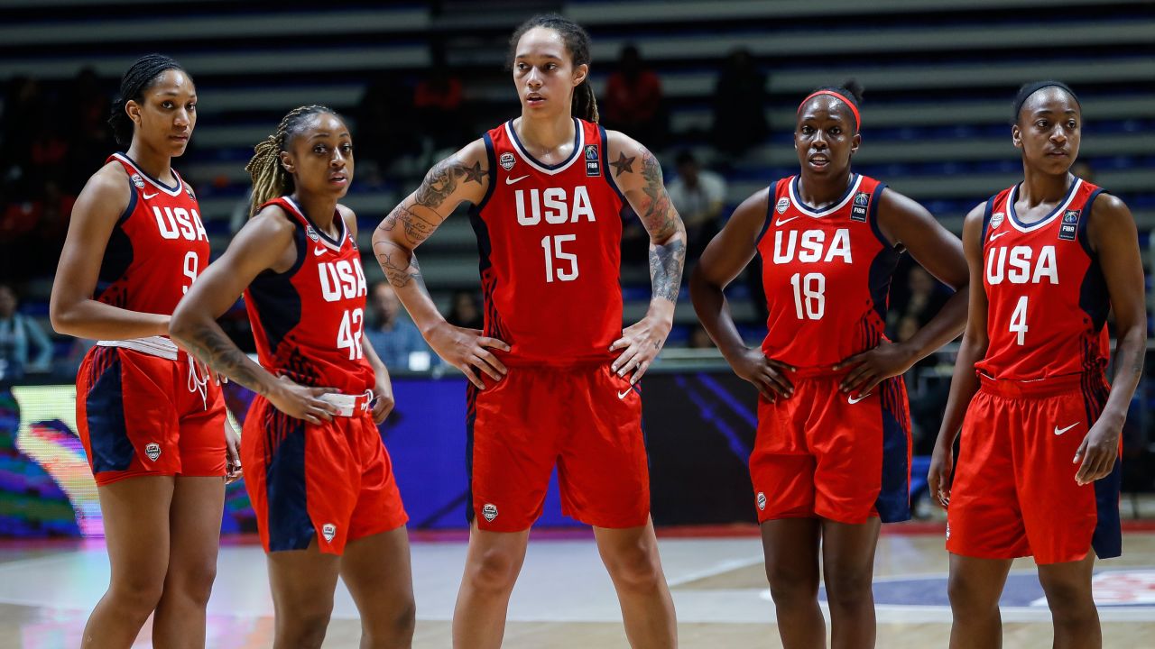 Jewell Loyd and her Team USA teammates look on during the FIBA Women's Olympic Qualifying Tournament 2020 Group B match between Nigeria and USA at Aleksandar Nikolic Hall on February 9, 2020 in Belgrade, Serbia.