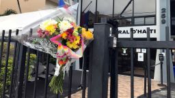 July 7, 2021, Miami, Florida, USA: Photograph of a bouquet of flowers left on the front fence of the building of the Consulate General of Haiti today. The first lady of Haiti, M. Moise, arrived this Wednesday in an ambulance plane at the executive airport of Fort Lauderdale, north of Miami (USA), to be treated for the serious injuries she suffered in the attack in which he was shot and killed. President Jovenel Moise. (Credit Image: © Ana Mengotti/EFE via ZUMA Press)