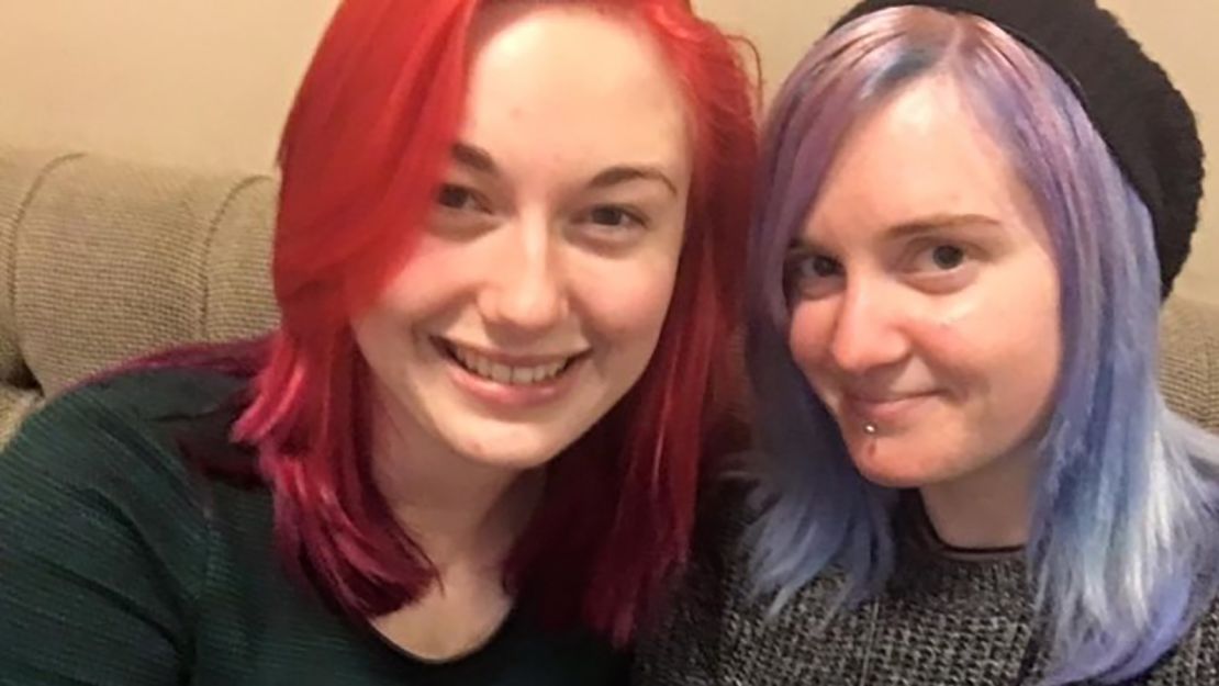 Laura, left, and Sara at Heathrow Airport the first time they met in person in December 2015.