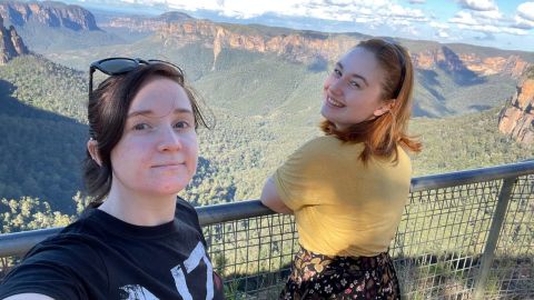 Sara and Laura on a recent trip to Govetts Leap lookout in Australia's Blue Mountain National Park.