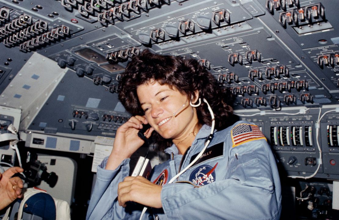 Seen on the flight deck of the space shuttle Challenger, astronaut Sally Ride, STS-7 mission specialist, became the first American woman in space on June 18, 1983. 