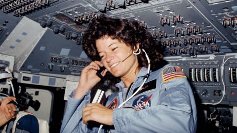 Seen on the flight deck of the space shuttle Challenger, astronaut Sally Ride, STS-7 mission specialist, became the first American woman in space on June 18, 1983.
