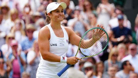 Ashleigh Barty celebrates after reaching the Wimbledon final.