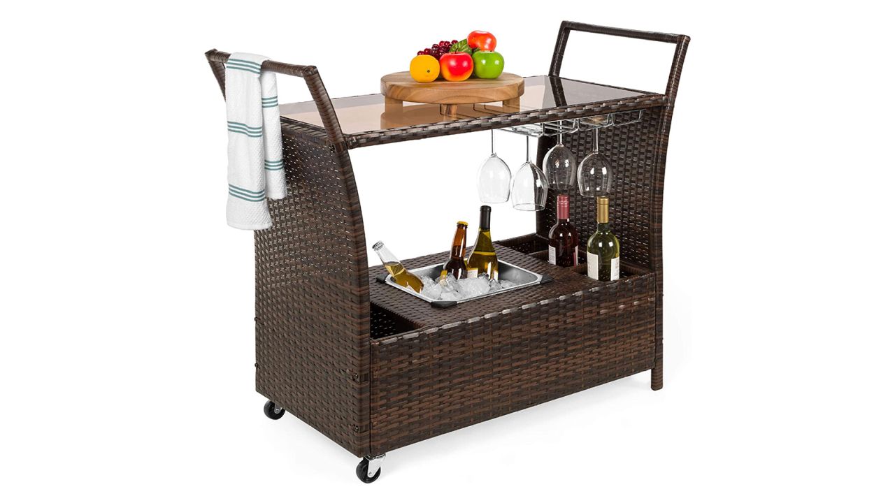 Best Choice Products Outdoor Rolling Wicker Bar Cart