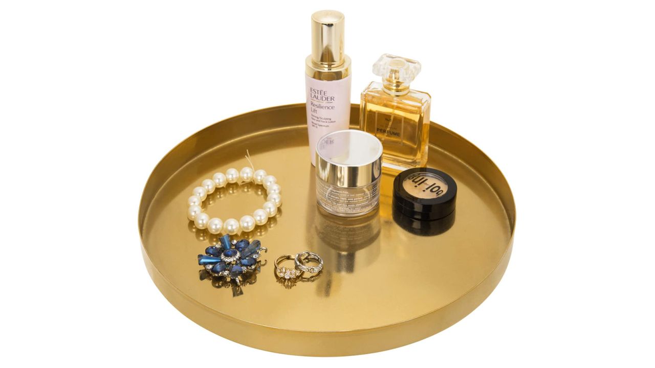MyGift Brass Plated Metal Round Serving Tray