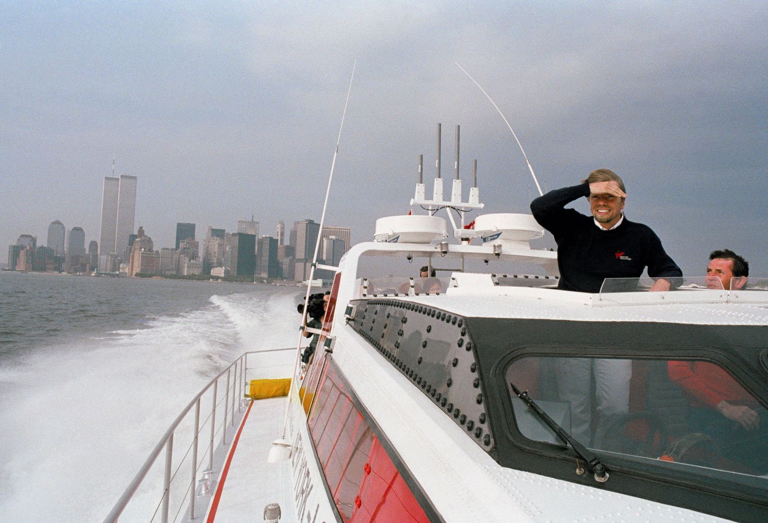 Branson pilots his speedboat, the Virgin Atlantic Challenger II, in New York Harbor in 1986. He zipped across the Atlantic in a record-breaking time of three days, eight hours and 31 minutes. He tried to break the record a year earlier, but his $2 million vessel sank.