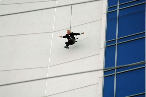 Branson jumps off the roof of the Palms hotel in Las Vegas as part of a publicity stunt for his Virgin America airline in 2007.