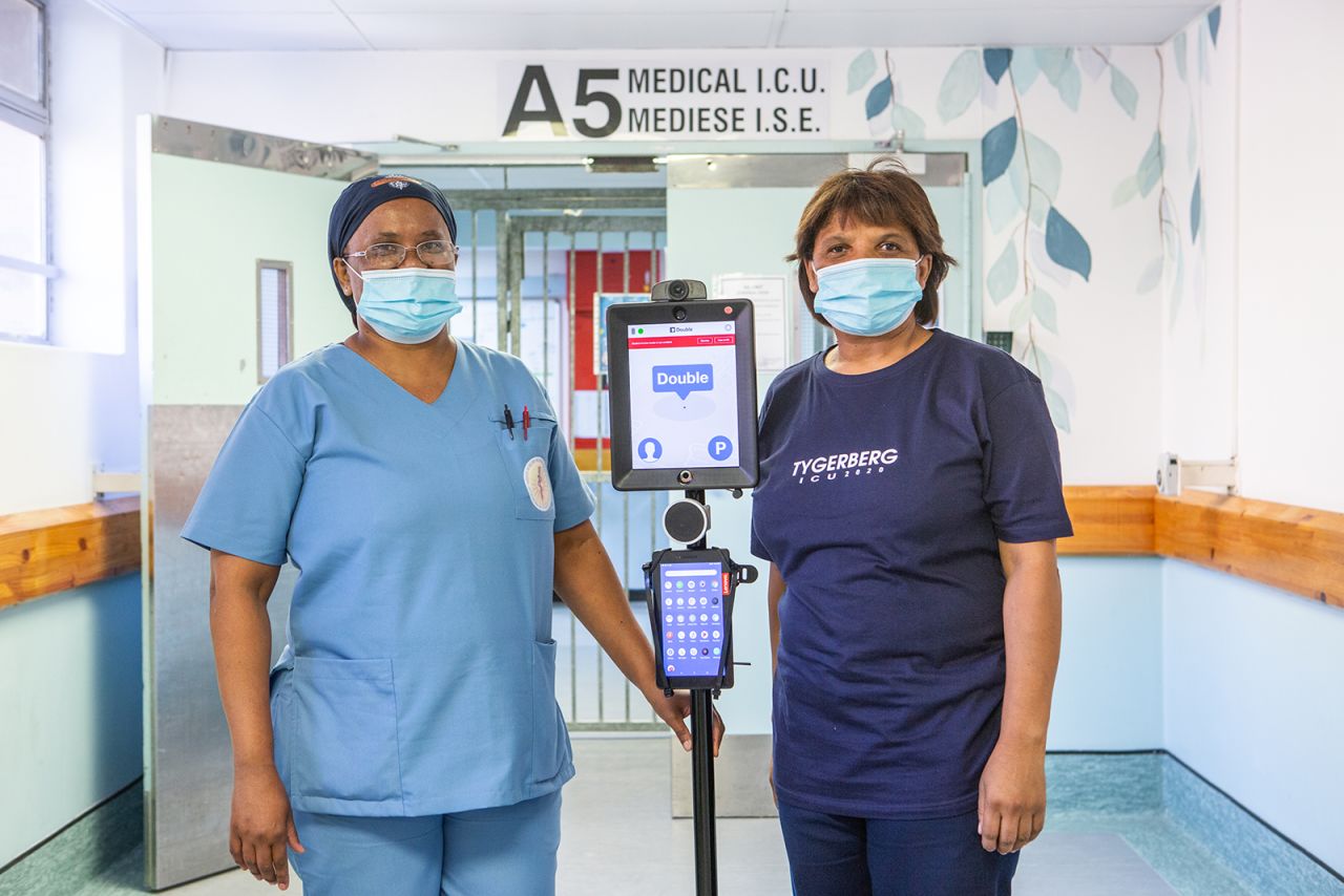 A robot known as "Quintin Quarantino" was deployed by nurses at Tygerberg Hospital in Cape Town, South Africa, during the Covid-19 pandemic, to help ICU patients make video and voice calls with family members.