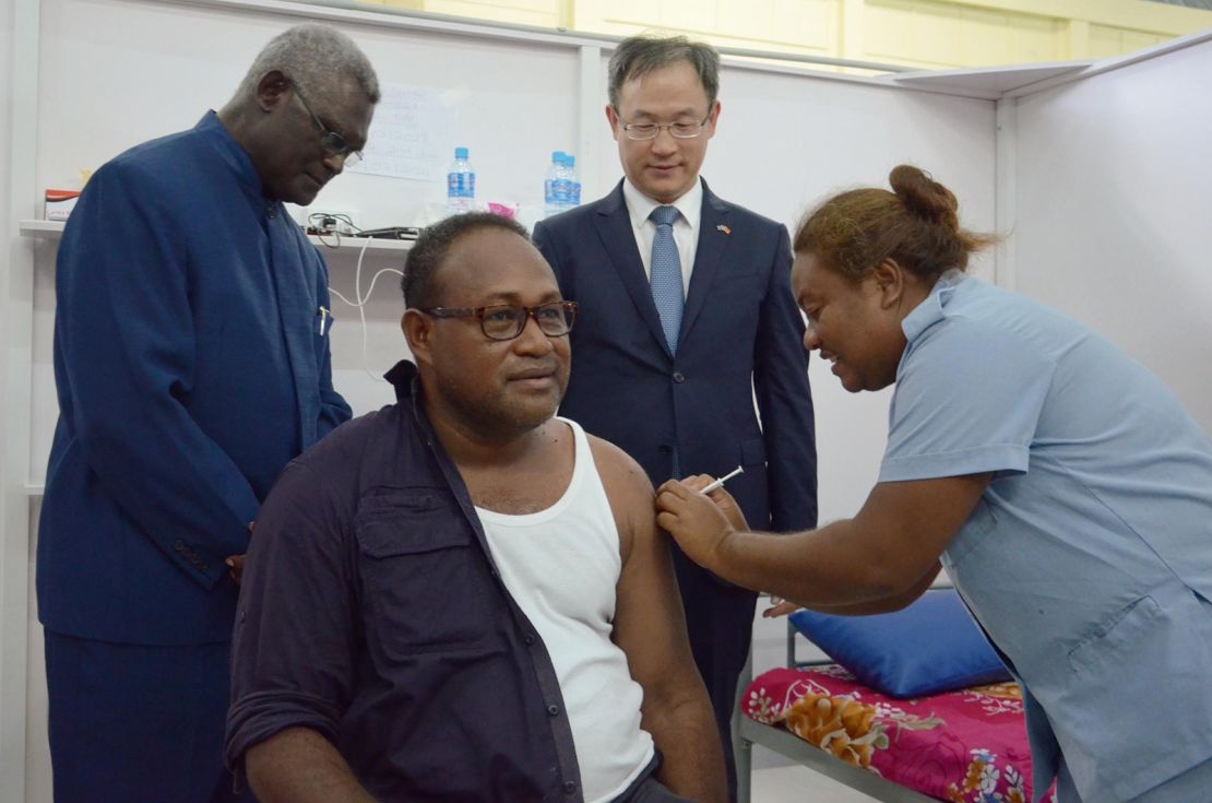The Solomon Islands Deputy Prime Minister Manasseh Maelanga receives a vaccine provided by China on May 21, 2021. 