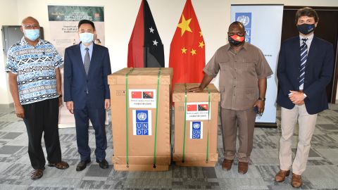 Prime Minister of Papua New Guinea, James Marape, receives 15 ventilators donated by the Chinese government in the capital Port Moresby on October 12, 2020. 