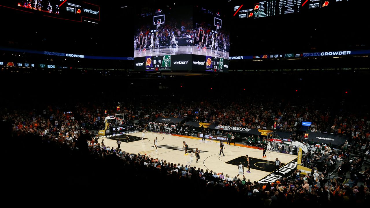 The Milwaukee Bucks and the Phoenix Suns in Game 2 of the NBA Finals at Phoenix Suns Arena on July 8, 2021, in Phoenix, Arizona.