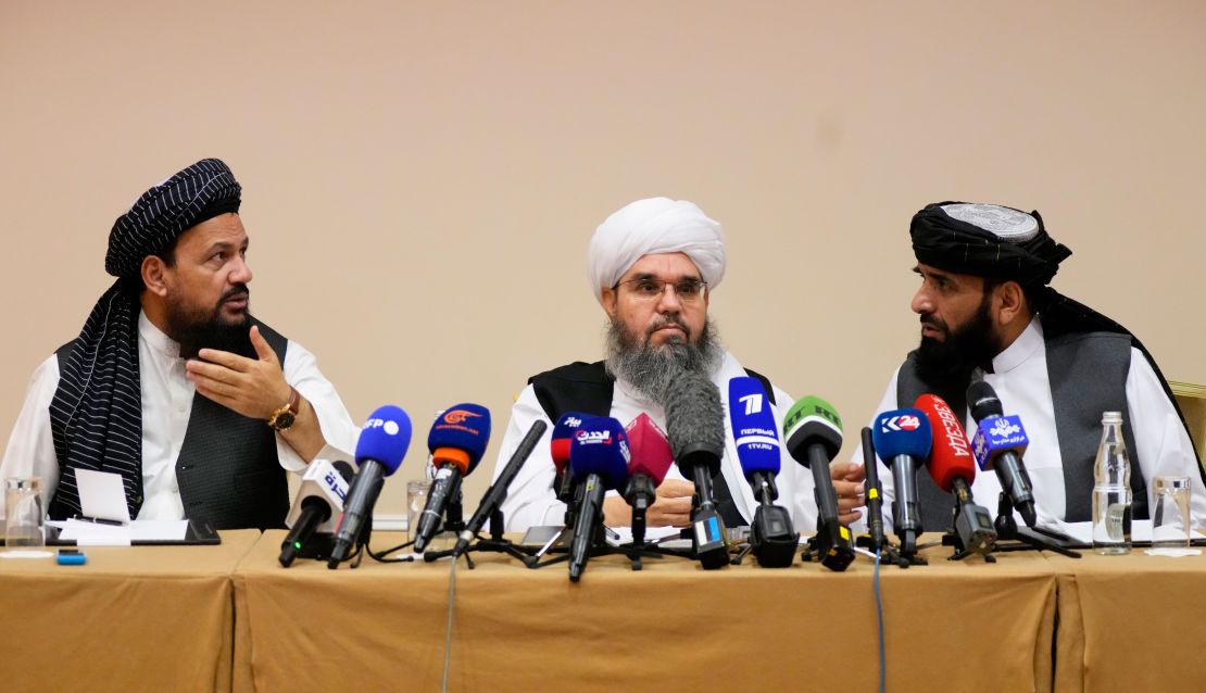 Mohammad Naim, Mawlawi Shahabudding Delawar and Suhil Shaheen, members of a political delegation from the Taliban, attend a news conference in Moscow, Russia, onJuly 9, 2021.