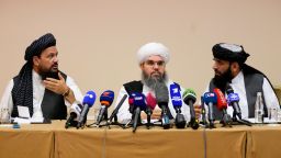 From left, Mohammad Naim, Mawlawi Shahabuddin Dilawar and Suhil Shaheen, members of a political delegation from the Afghan Taliban's movement, attend a news conference in Moscow, Russia, Friday, July 9, 2021. (AP Photo/Alexander Zemlianichenko)