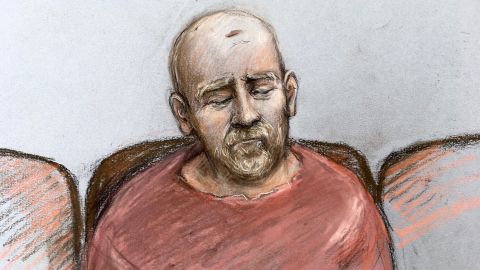 A court artist sketch  shows Wayne Couzens making his first appearance at the Old Bailey by video link in March 2021 from Belmarsh top security prison in south London.