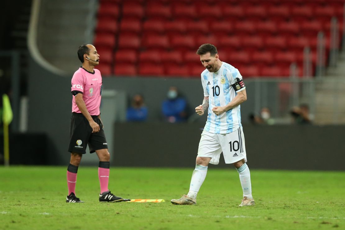 Messi celebrates after scoring his penalty during the shootout against Colombia.