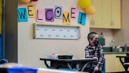 North Hollywood, CA, Tuesday, April 13, 2021 - Kindergartner Jesse Magana at teacher Alicia Pizzis classroom for the first time in more than a year at Maurice Sendak Elementary.  (Robert Gauthier/Los Angeles Times via Getty Images)